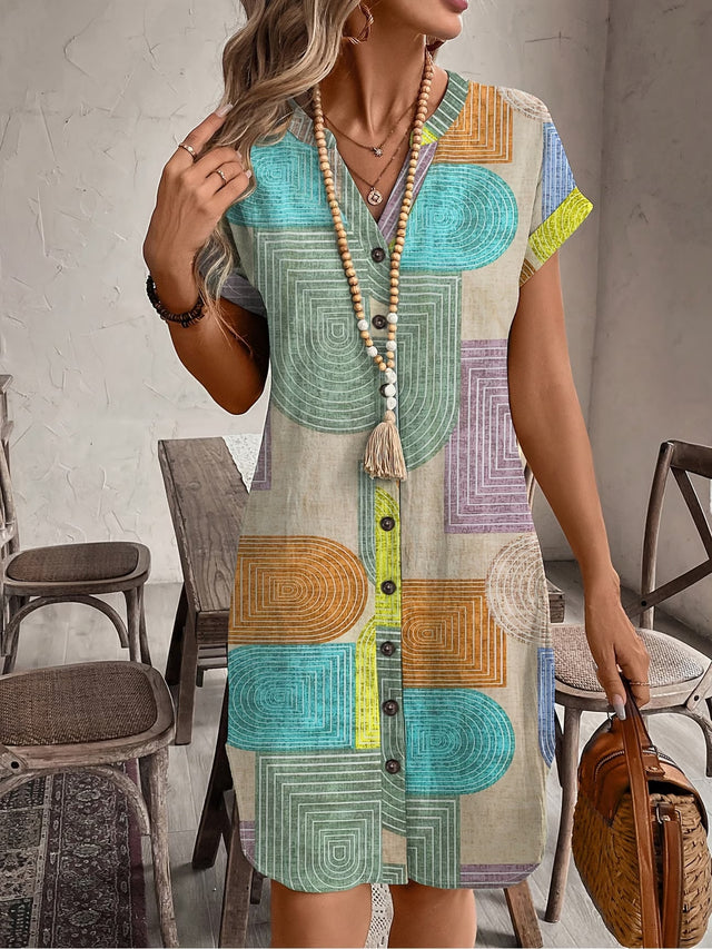 Ailsa | Elegancka Geometryczna Sukienka z Dekoltem w Serek i Guzikami