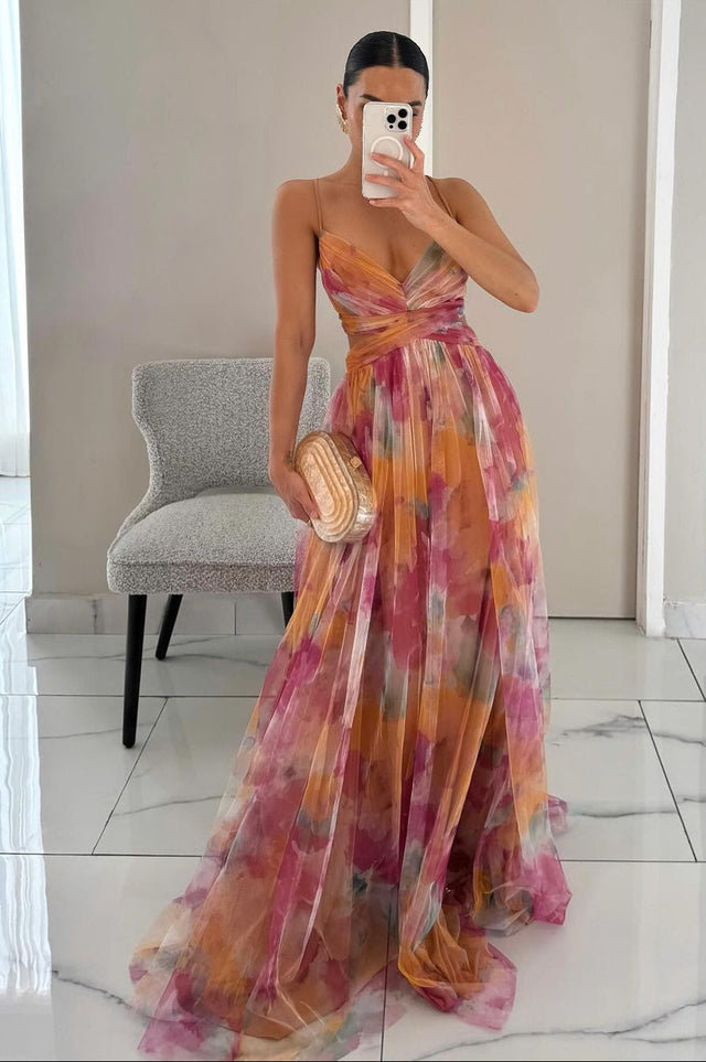 Alexia | Elegancka Bezrękawnikowa Sukienka Wieczorowa w Kwiaty