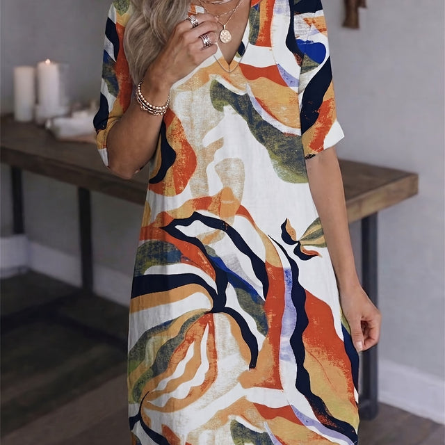 Marion | Sukienka V-Neck Artystyczny Print