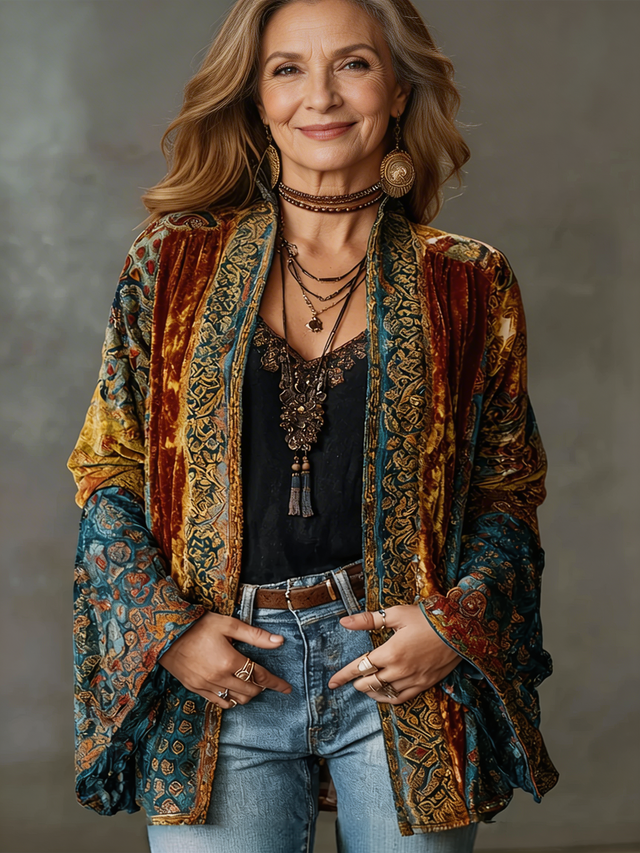 Amelie | Stylowy Kardigan Boho z Aksamitnym Wykończeniem