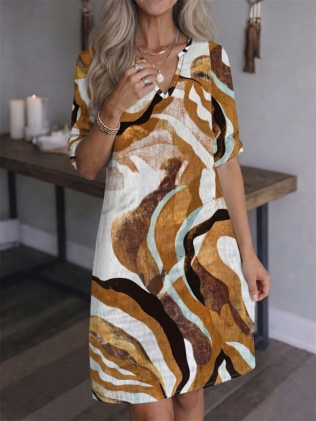 Marion | Sukienka V-Neck Artystyczny Print
