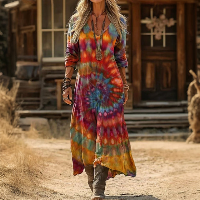 Evelyn | Vintage Tie Dye Długo Rękaw Casual Sukienka