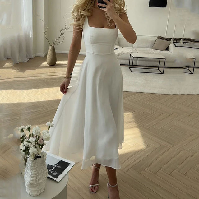 Hannah | Elegancka Bez Rękawów Sukienka Midi w Kwadratowym Dekolcie