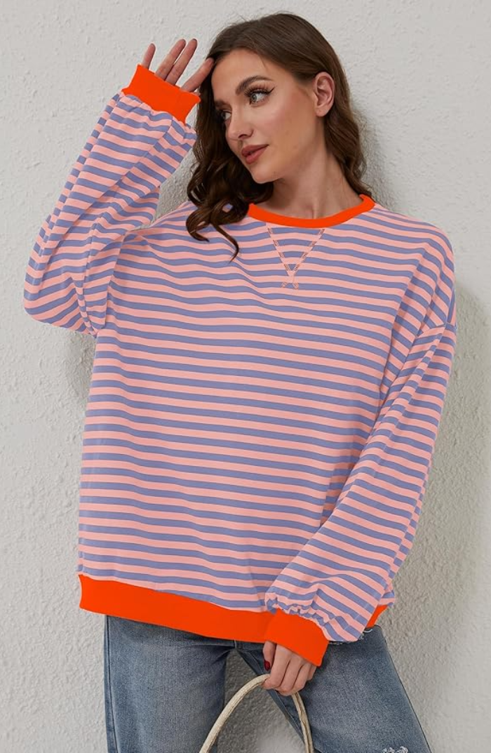 Rozmaryn | Pasiasty Sweter z Okrągłym Dekoltem