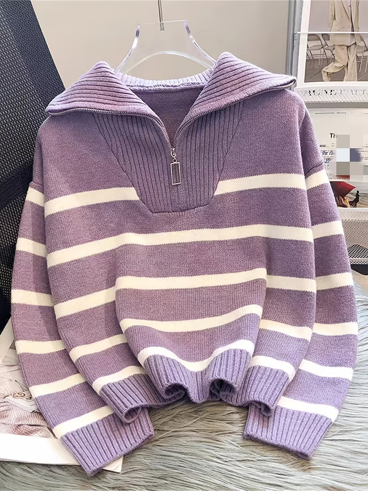 Penelope | Sweter z pół-zamkiem i kołnierzem w paski