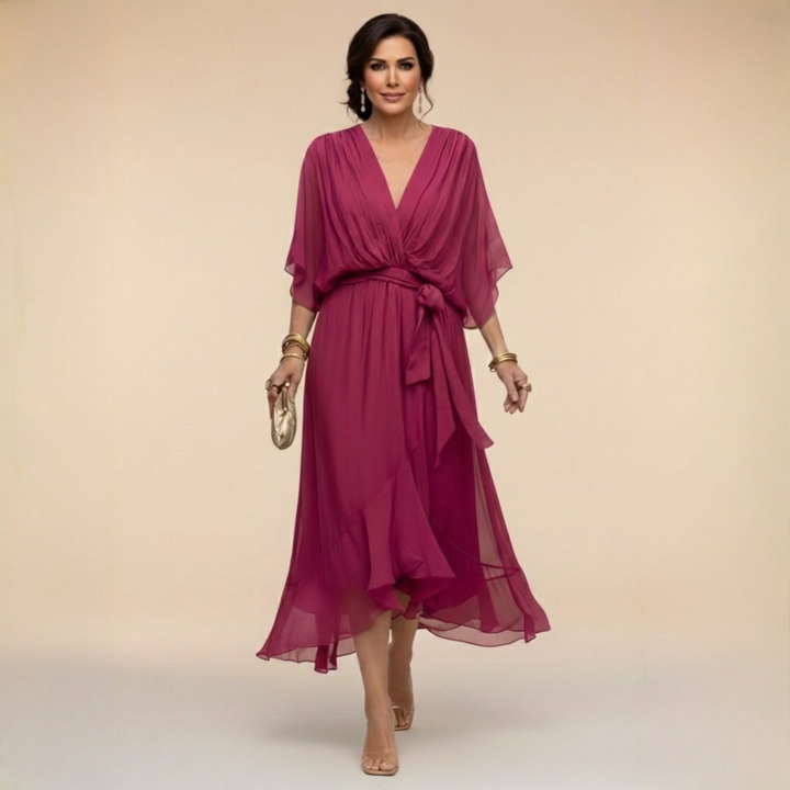 Verenia | Elegancka Sukienka z Dekoltem w Serek i Luźnymi Rękawami