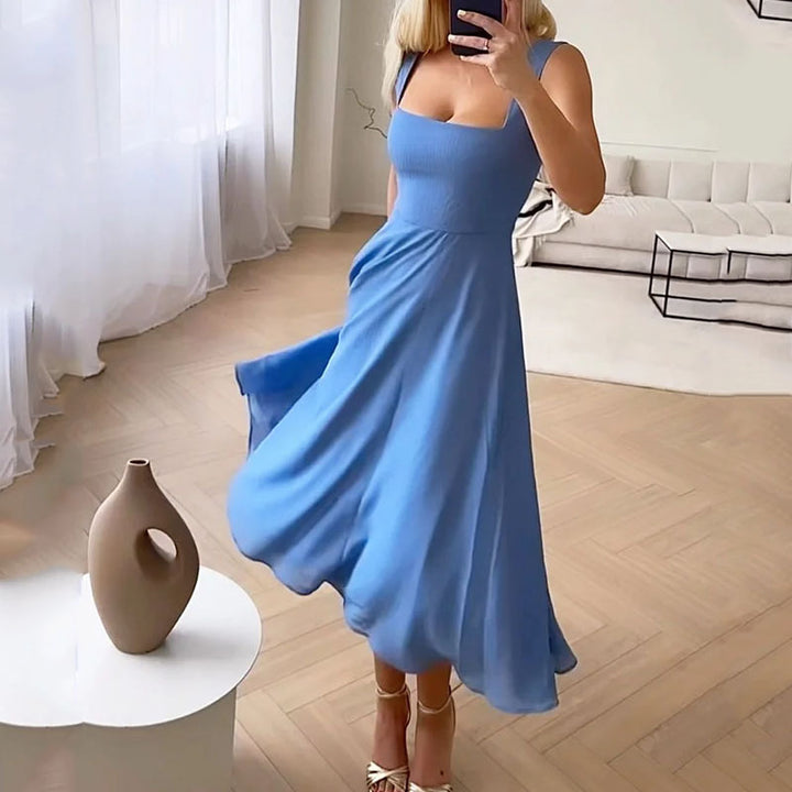 Hannah | Elegancka Bez Rękawów Sukienka Midi w Kwadratowym Dekolcie