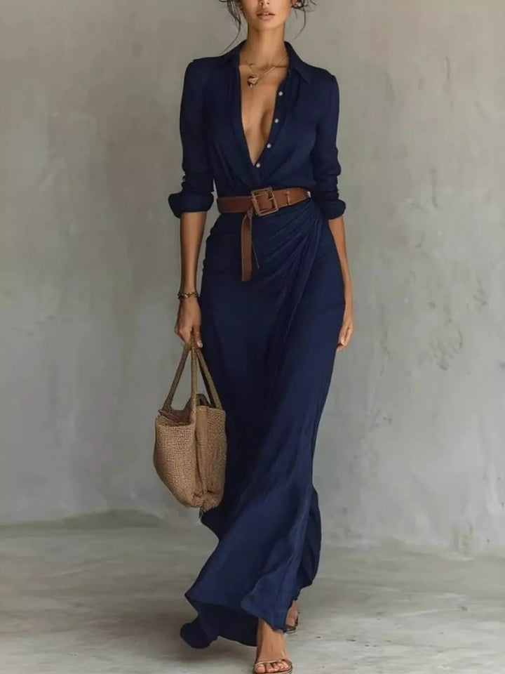 Verity | Elegancka Sukienka Maxi z Długim Rękawem i Paseczkiem