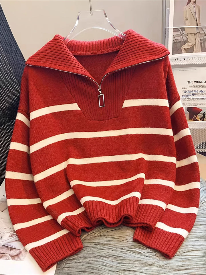 Penelope | Sweter z pół-zamkiem i kołnierzem w paski