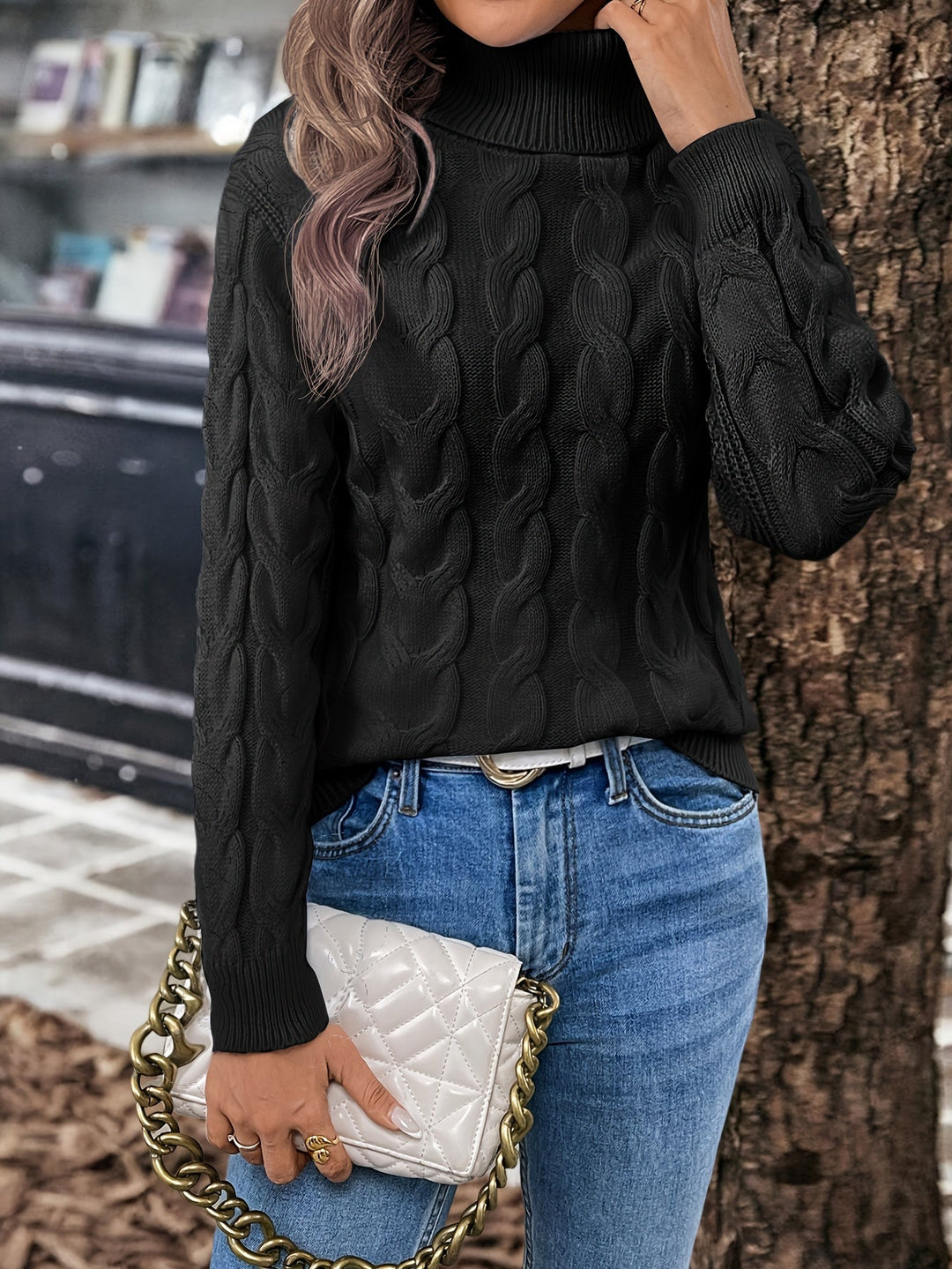 Naomi | Sweter z golfem plecionym