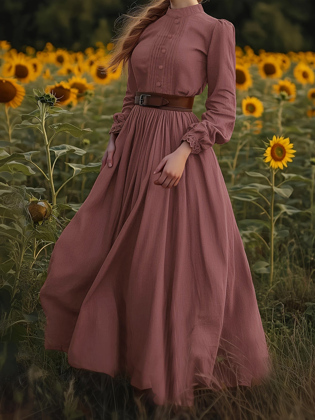 Susannah | Romantyczna Sukienka Maxi z Wysokim Kołnierzem