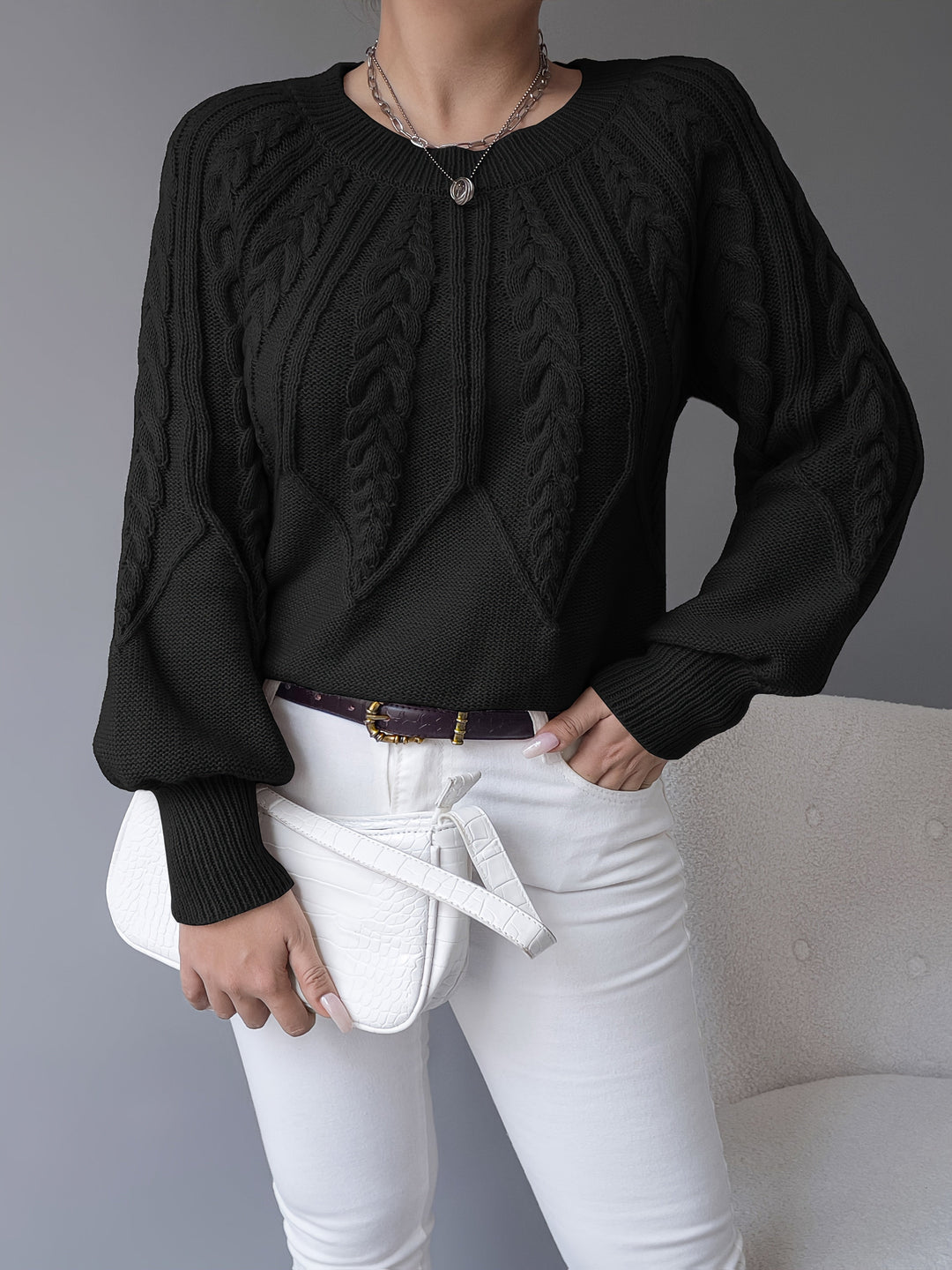 Odette | Sweter z dzianiny w warkocze z lanternowymi rękawami