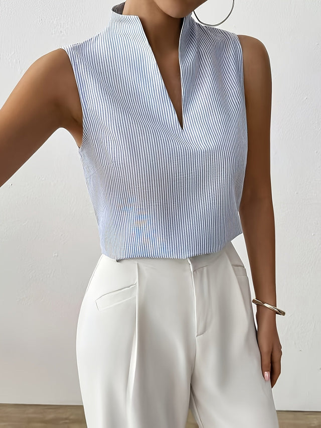 Greta | Pasiasty Top bez Rękawów z Dekoltem w Serek