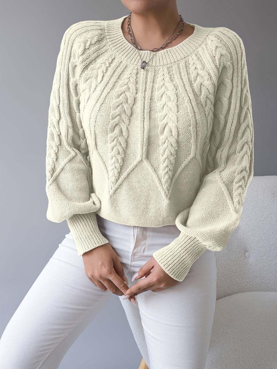 Odette | Sweter z dzianiny w warkocze z lanternowymi rękawami