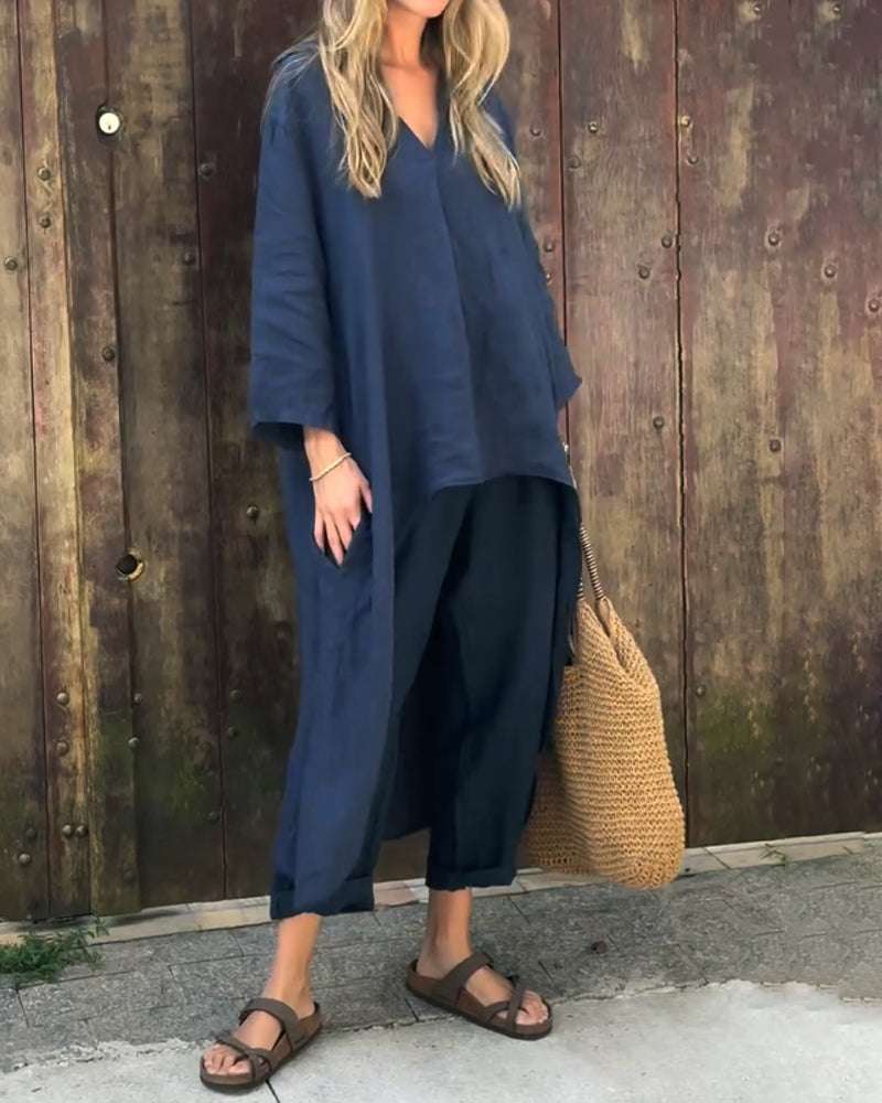Odette | Elegancki Luźny Zestaw z Dekoltem w Serek
