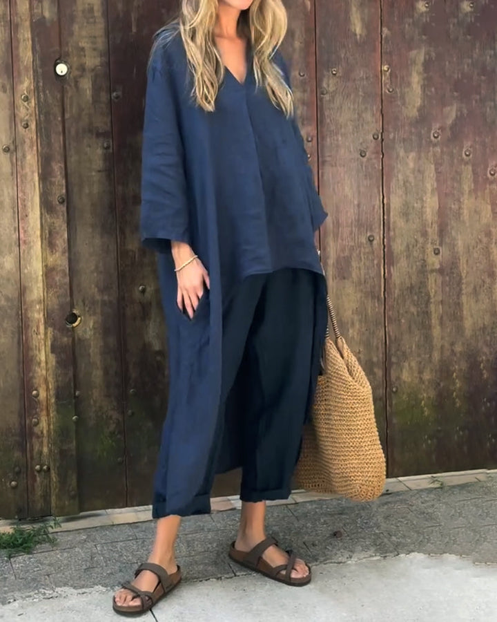 Odette | Elegancki Luźny Zestaw z Dekoltem w Serek
