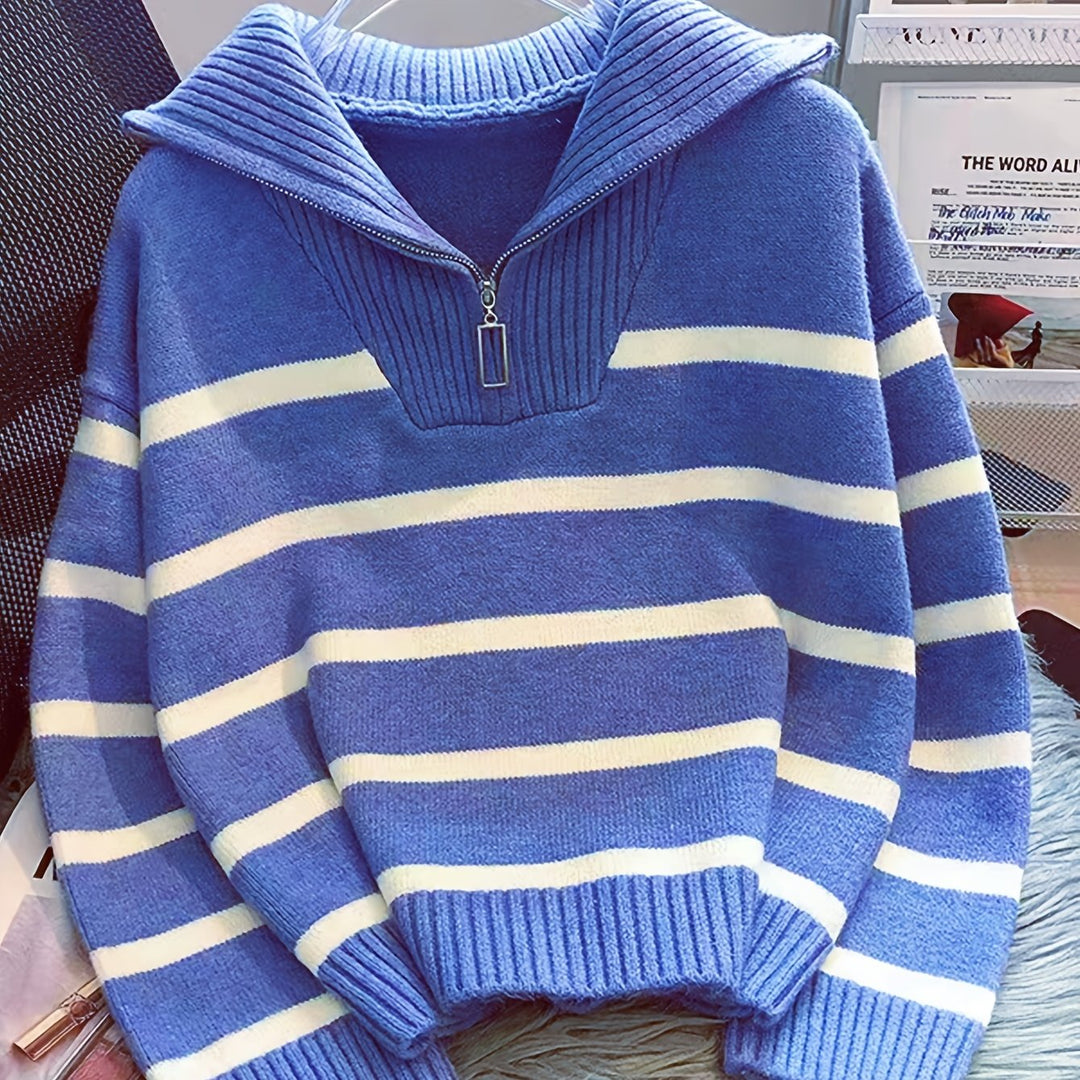 Penelope | Sweter z pół-zamkiem i kołnierzem w paski