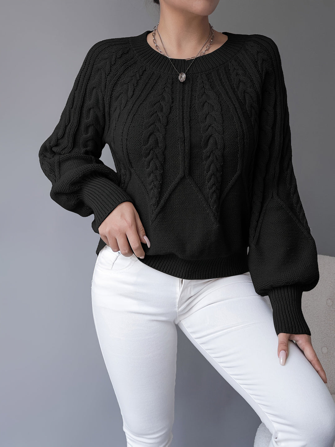 Odette | Sweter z dzianiny w warkocze z lanternowymi rękawami