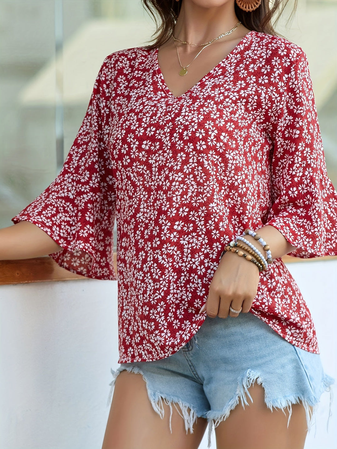 Cecily | Bluzka z Rękawami Ruffles w Kwiatowy Wzór