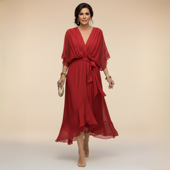 Verenia | Elegancka Sukienka z Dekoltem w Serek i Luźnymi Rękawami
