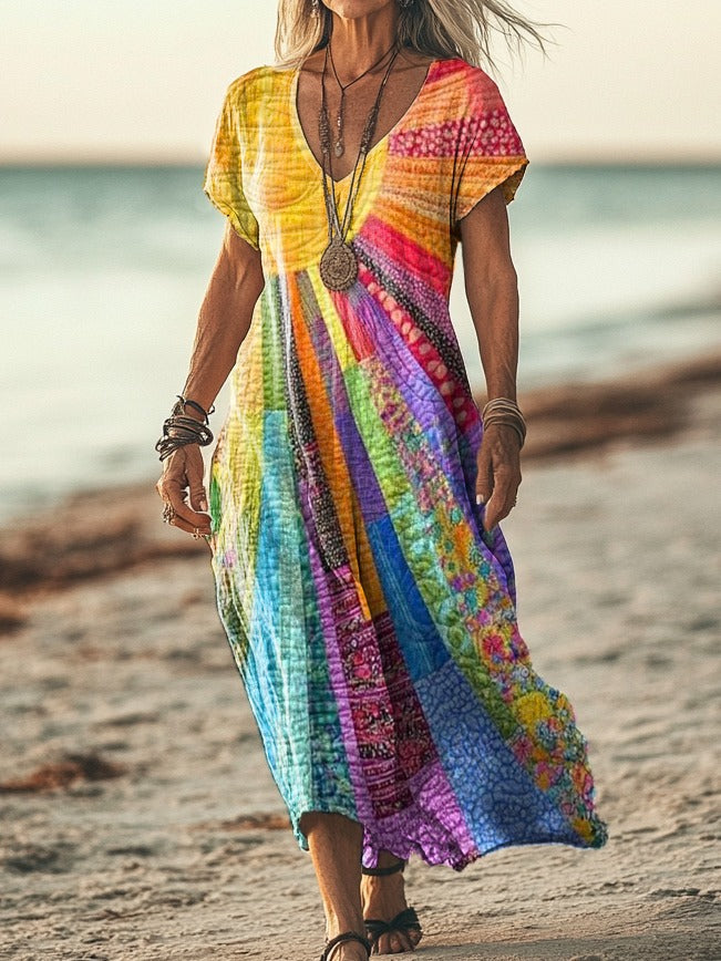Alicja | Elegancka Sukienka w Stylu Boho z Motywem Słonecznym