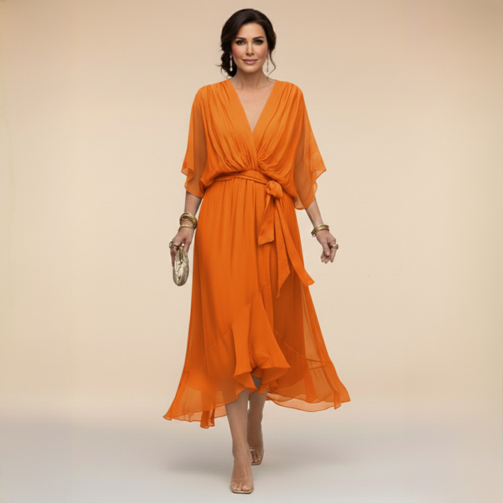 Verenia | Elegancka Sukienka z Dekoltem w Serek i Luźnymi Rękawami
