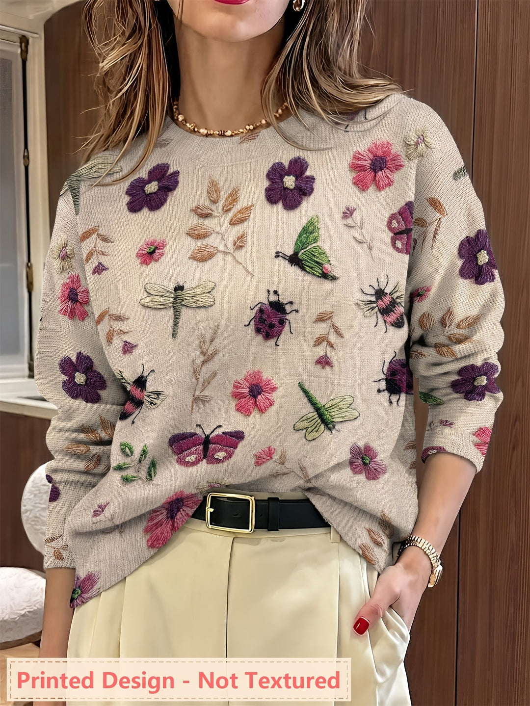 Meredith | Sweter z okrągłym dekoltem w roślinny wzór