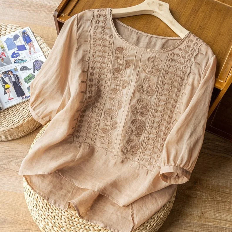Milly | Elegancka Bluzka z Koronkowym Okrągłym Dekoltem