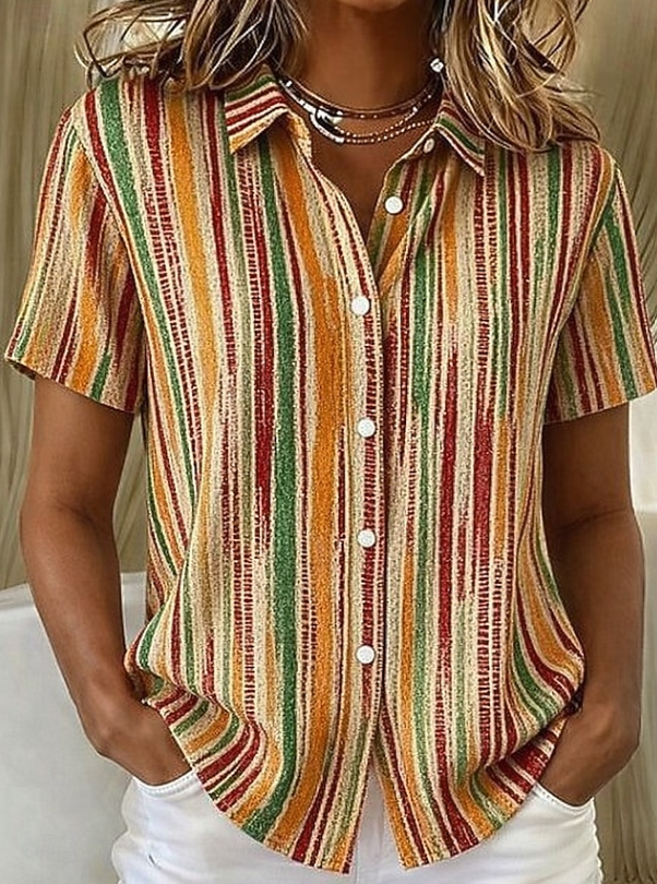 Santoria| Casual Boho Stripe Short Sleeve Shirt