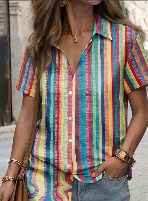 Santoria| Casual Boho Stripe Short Sleeve Shirt