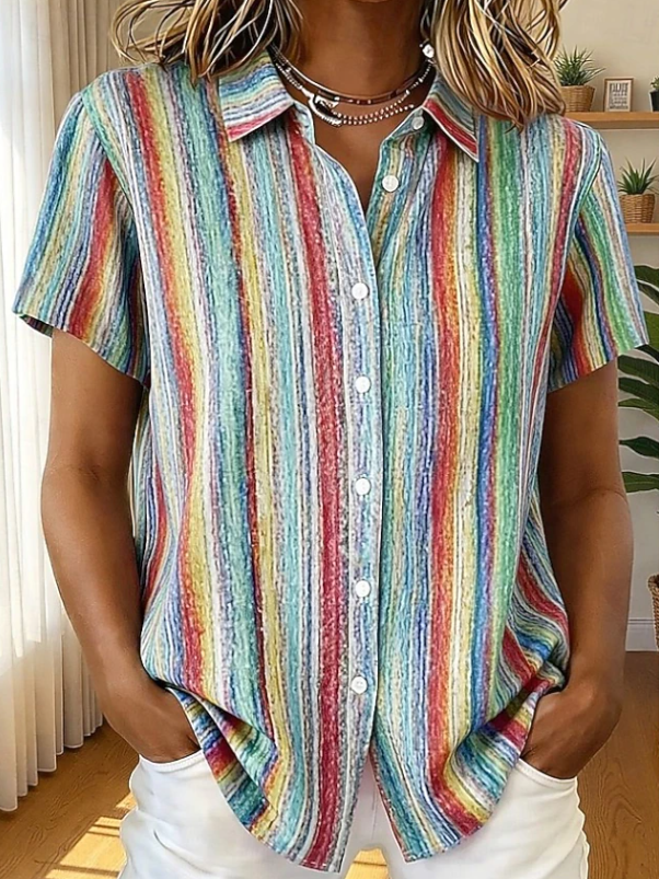 Santoria| Casual Boho Stripe Short Sleeve Shirt