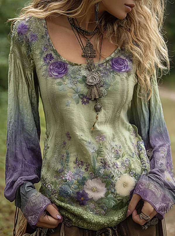 Seraphina | Boho Kwiatowa Bluzka z Długim Rękawem