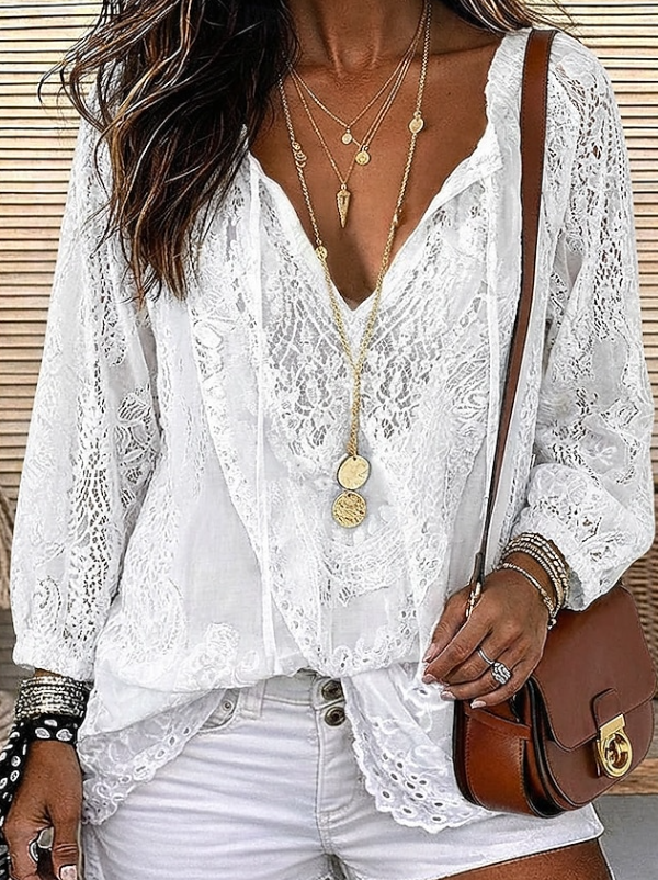 Amara | Boho Koronkowy Kardigan Kimono z Dekoltem w Serek