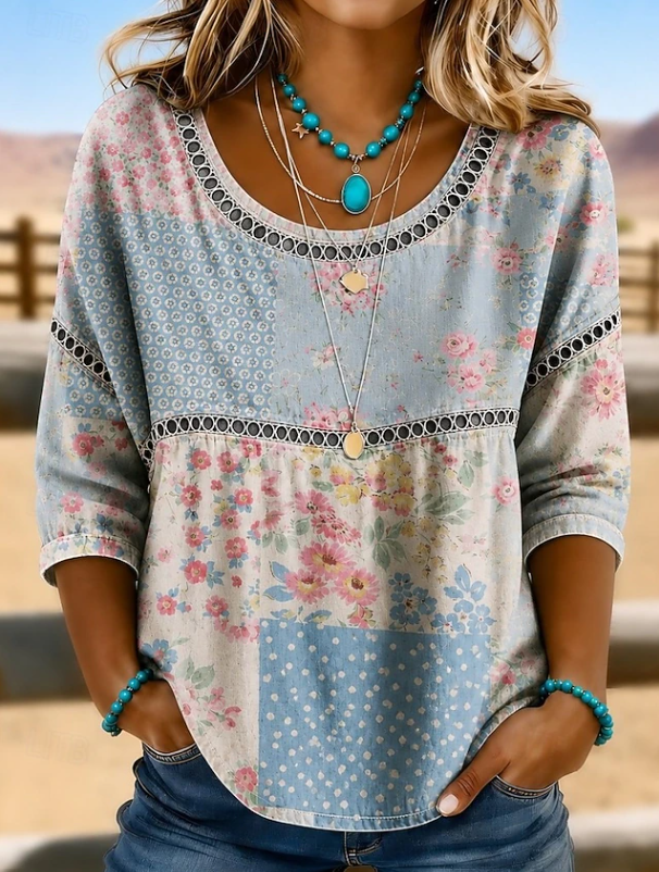 Alina | Boho Haftowany Codzienny Top z Dekoltem w Serek