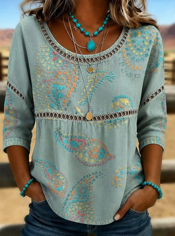 Alina | Boho Haftowany Codzienny Top z Dekoltem w Serek