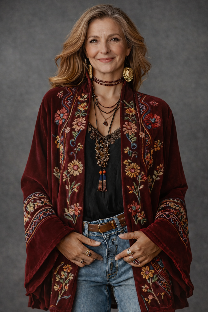 Amelie | Stylowy Kardigan Boho z Aksamitnym Wykończeniem