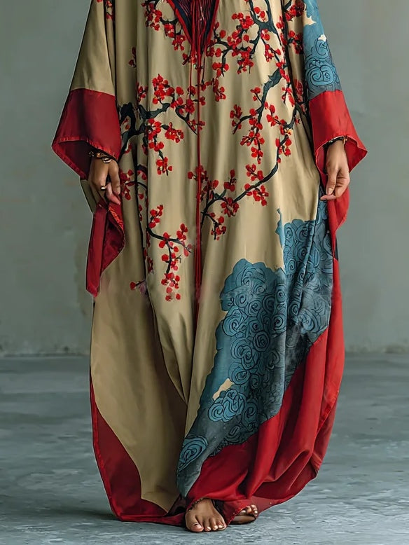 Sakura | Japoński Czerwony Kwiat Śliwy Print Sukienka Maxi z Rękawami Batwing