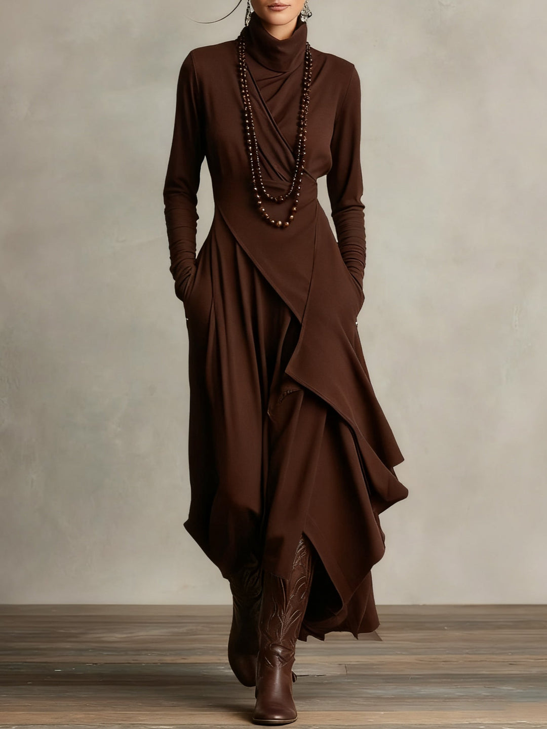 Hattie | Elegancka Sukienka Maxi z Wysokim Kołnierzem