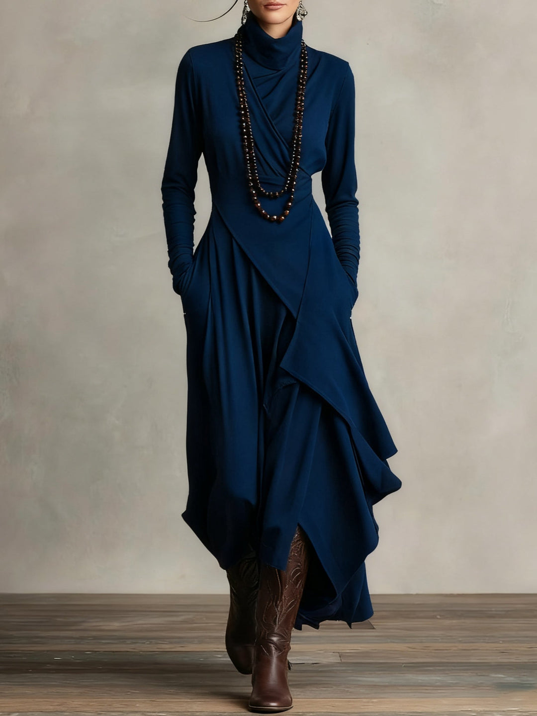 Hattie | Elegancka Sukienka Maxi z Wysokim Kołnierzem