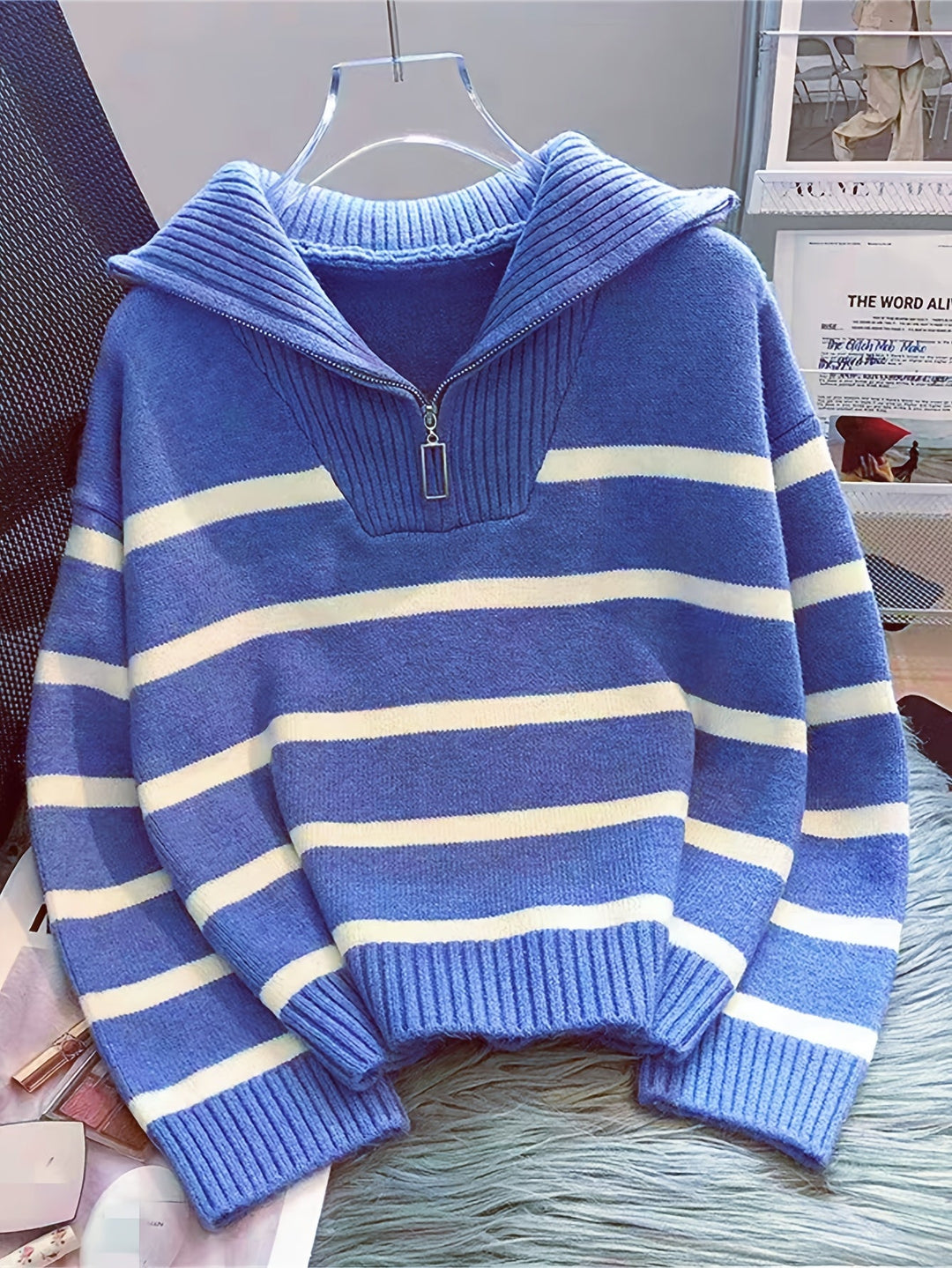 Penelope | Sweter z pół-zamkiem i kołnierzem w paski
