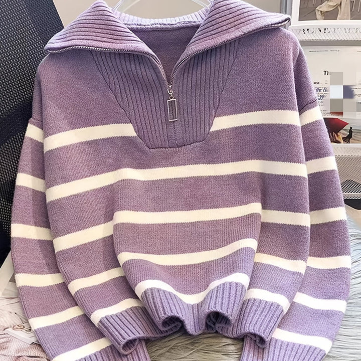 Penelope | Sweter z pół-zamkiem i kołnierzem w paski