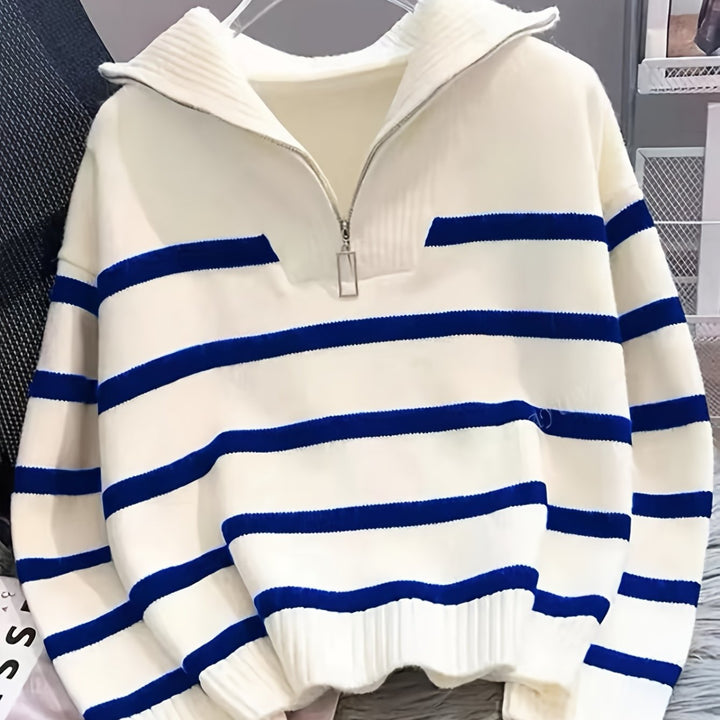Penelope | Sweter z pół-zamkiem i kołnierzem w paski