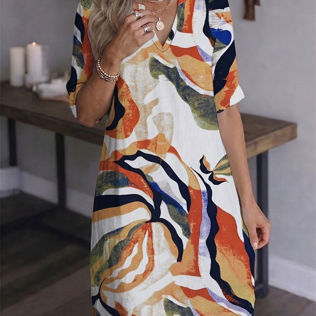 Marion | Sukienka V-Neck Artystyczny Print