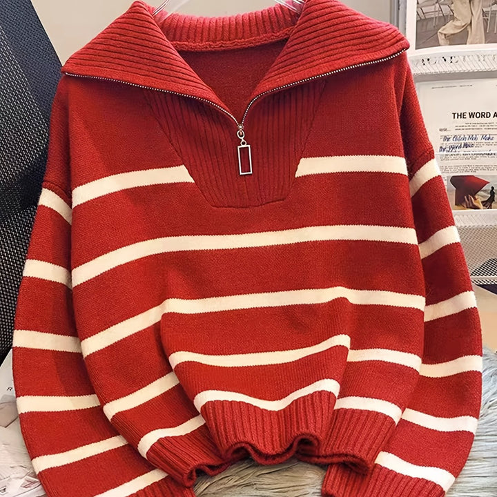 Penelope | Sweter z pół-zamkiem i kołnierzem w paski