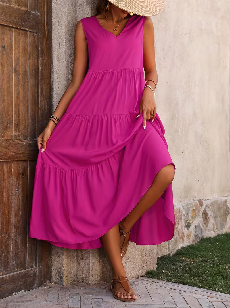 Sofia | Bezrękawowa Sukienka Maxi z Falbanami