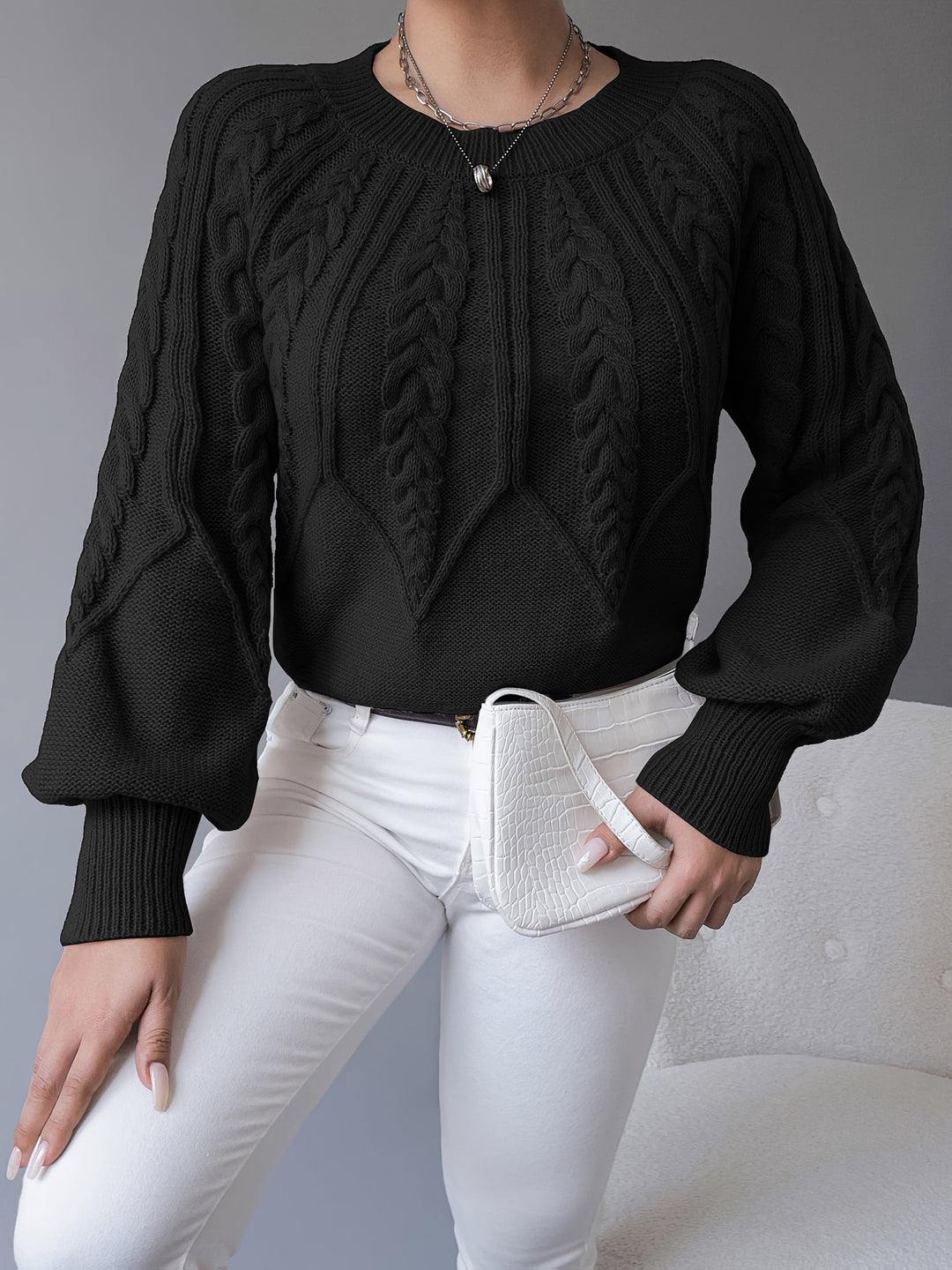 Odette | Sweter z dzianiny w warkocze z lanternowymi rękawami
