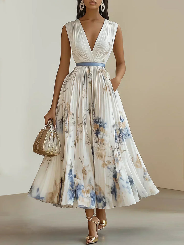Molly | Elegancka Długa Sukienka bez Rękawów z Dekoltem w Serek