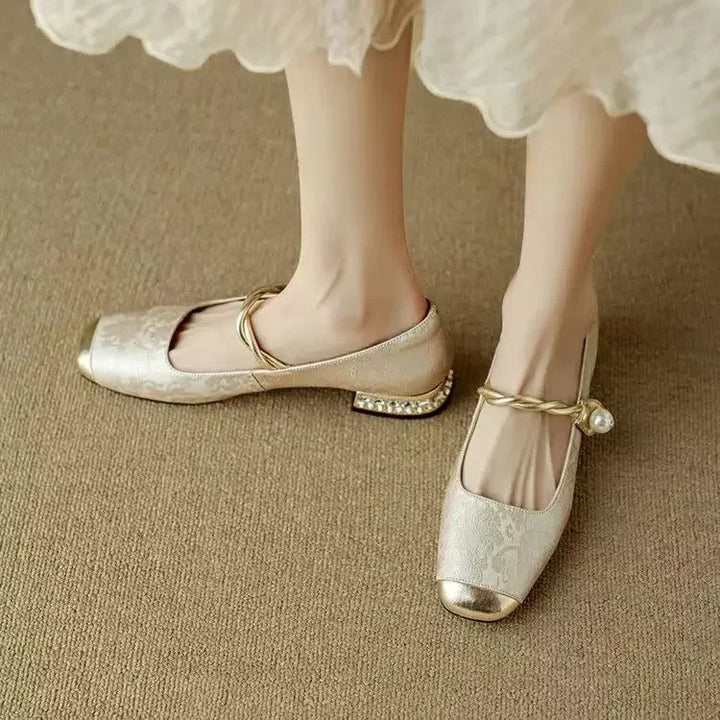 Daisy | Vintage Sandały z Plecionym Ramiączkiem z Perłami
