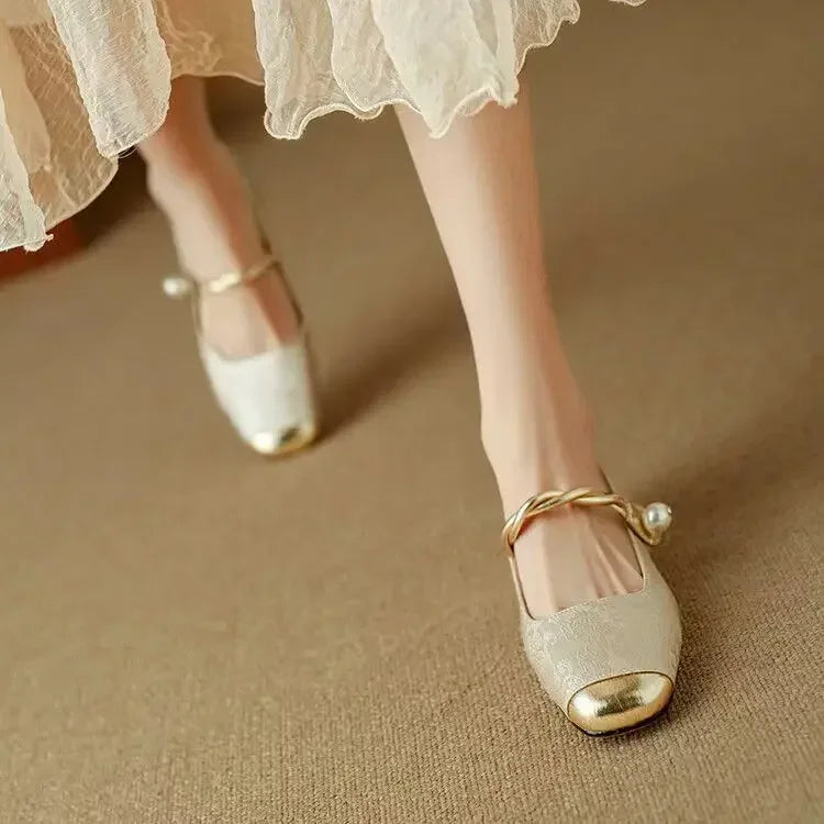 Daisy | Vintage Sandały z Plecionym Ramiączkiem z Perłami