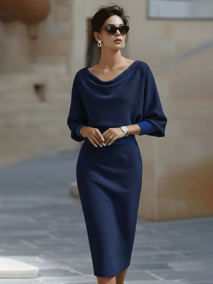Liora | Elegancka Sukienka Midi z Drapowaniem i Rękawami Nietoperzami